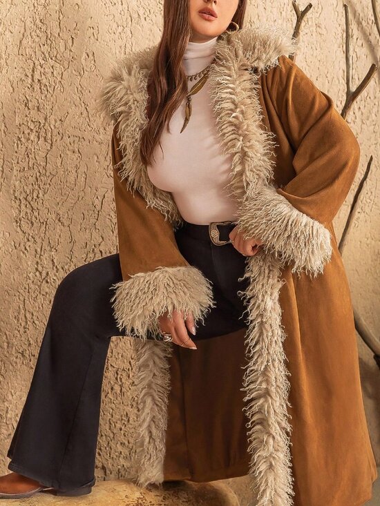 Brown Casual Women's Bohemian Plus Size Warm & Soft Fuzzy Jacket - Picture 1 of 8